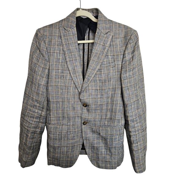 Zara Blazer Plaid Linen Blend Two-Button Peak Lapel Men 38 Brown Black - Picture 1 of 9